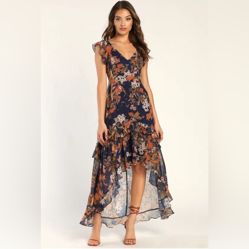Lulus Stunning Favorite Navy Blue Floral Ruffle High Low Maxi Dress SMALL NWT